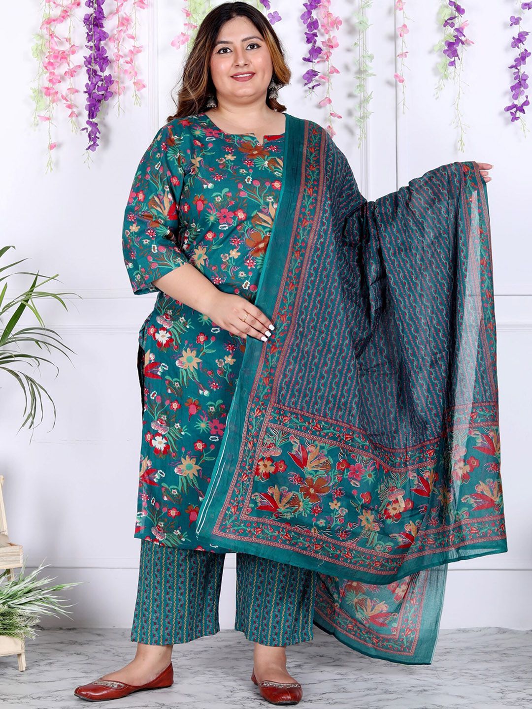 Swasti Plus Size Floral Printed Regular Pure Cotton Kurta with Trousers & Dupatta - Distacart