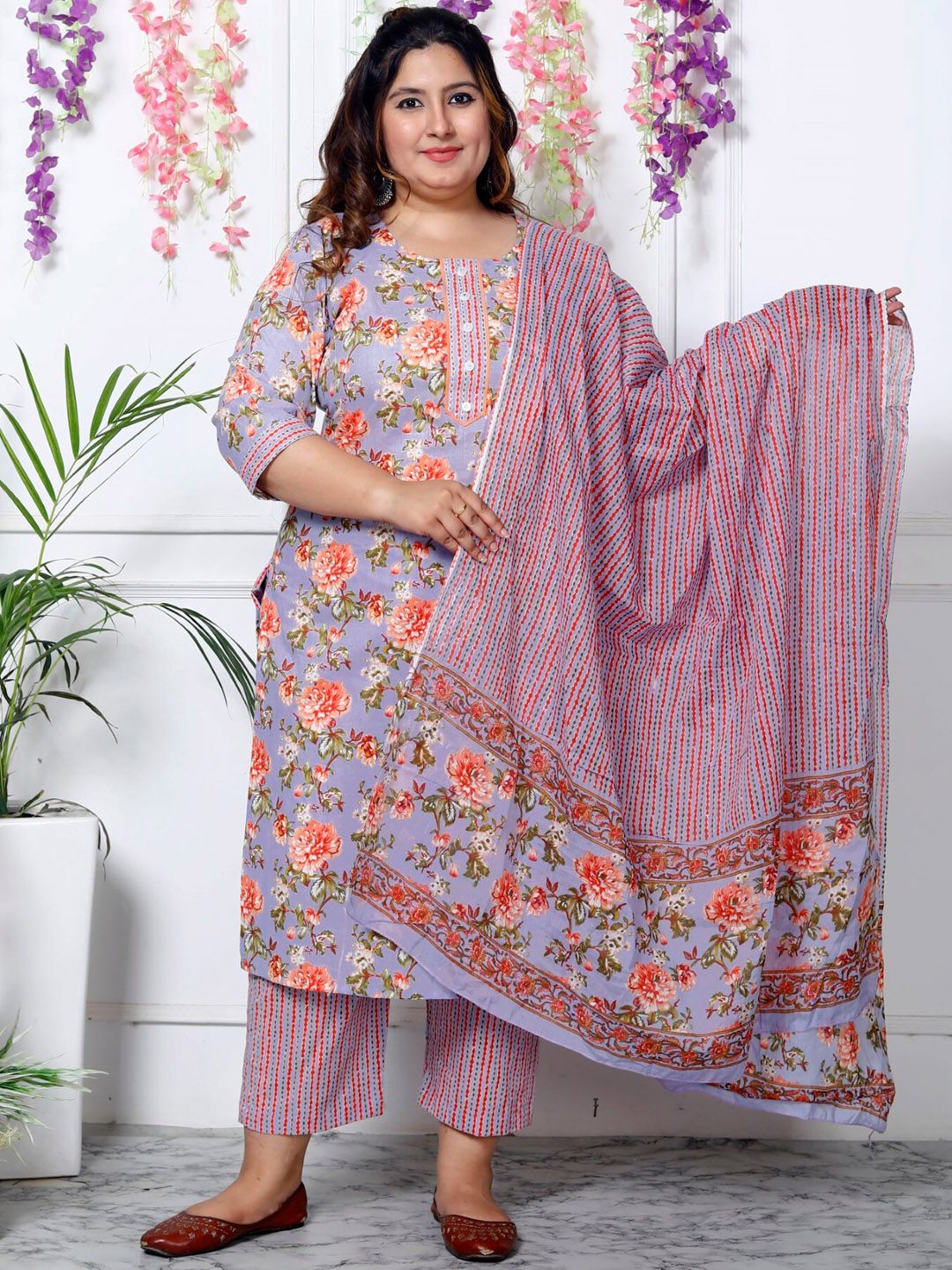 Swasti Plus Size Floral Printed Sequinned Pure Cotton Kurta With Trouser & Dupatta - Distacart