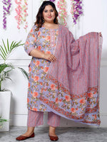 Thumbnail for Swasti Plus Size Floral Printed Sequinned Pure Cotton Kurta With Trouser & Dupatta