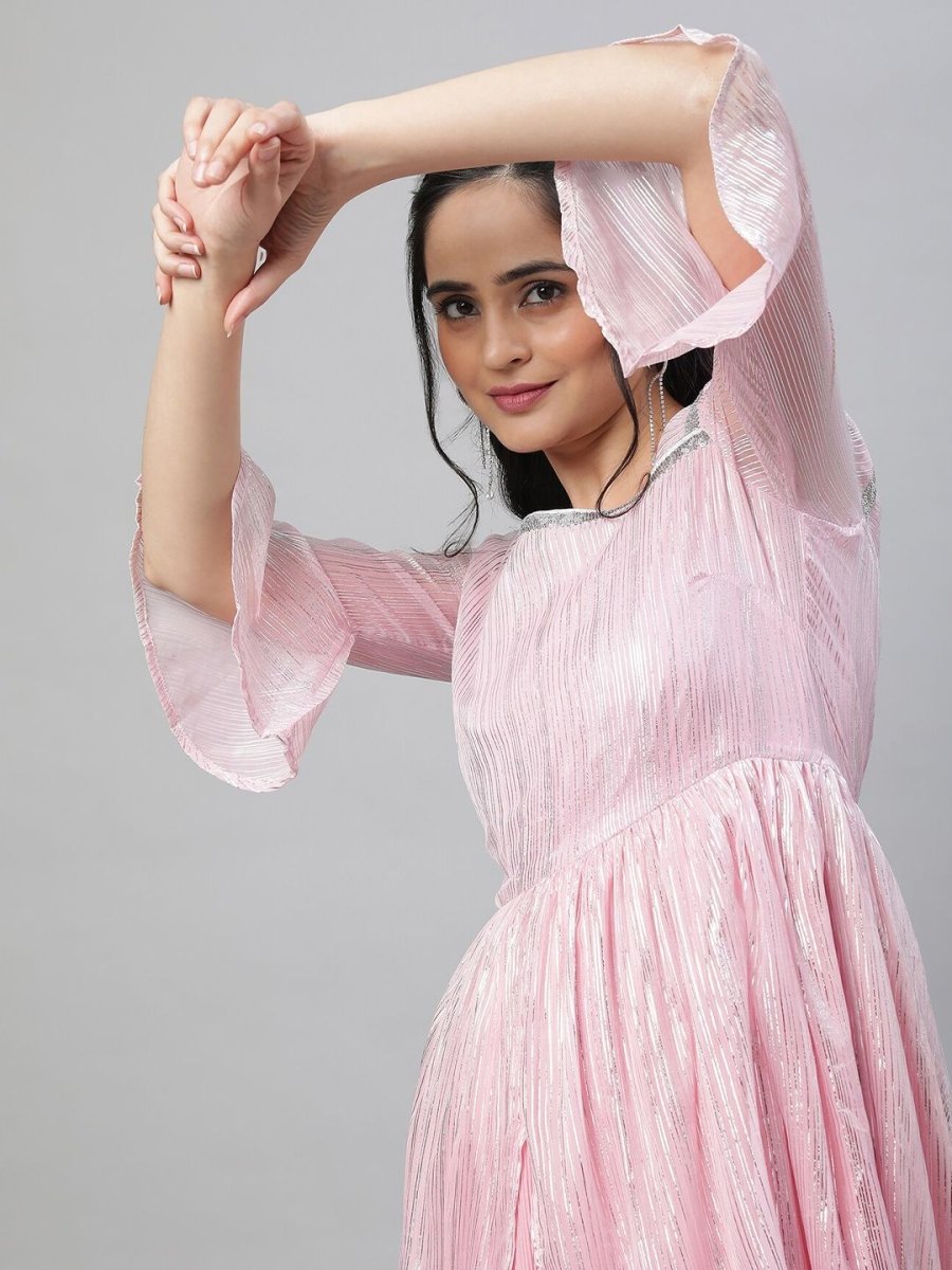 AURELIA Asymmetric Neck Bell Sleeve Layered Fit & Flare Maxi Ethnic Dress - Distacart