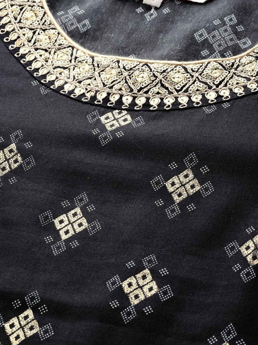 All About You Women Black & Golden Printed Sequinned Kurta with Trousers - Distacart