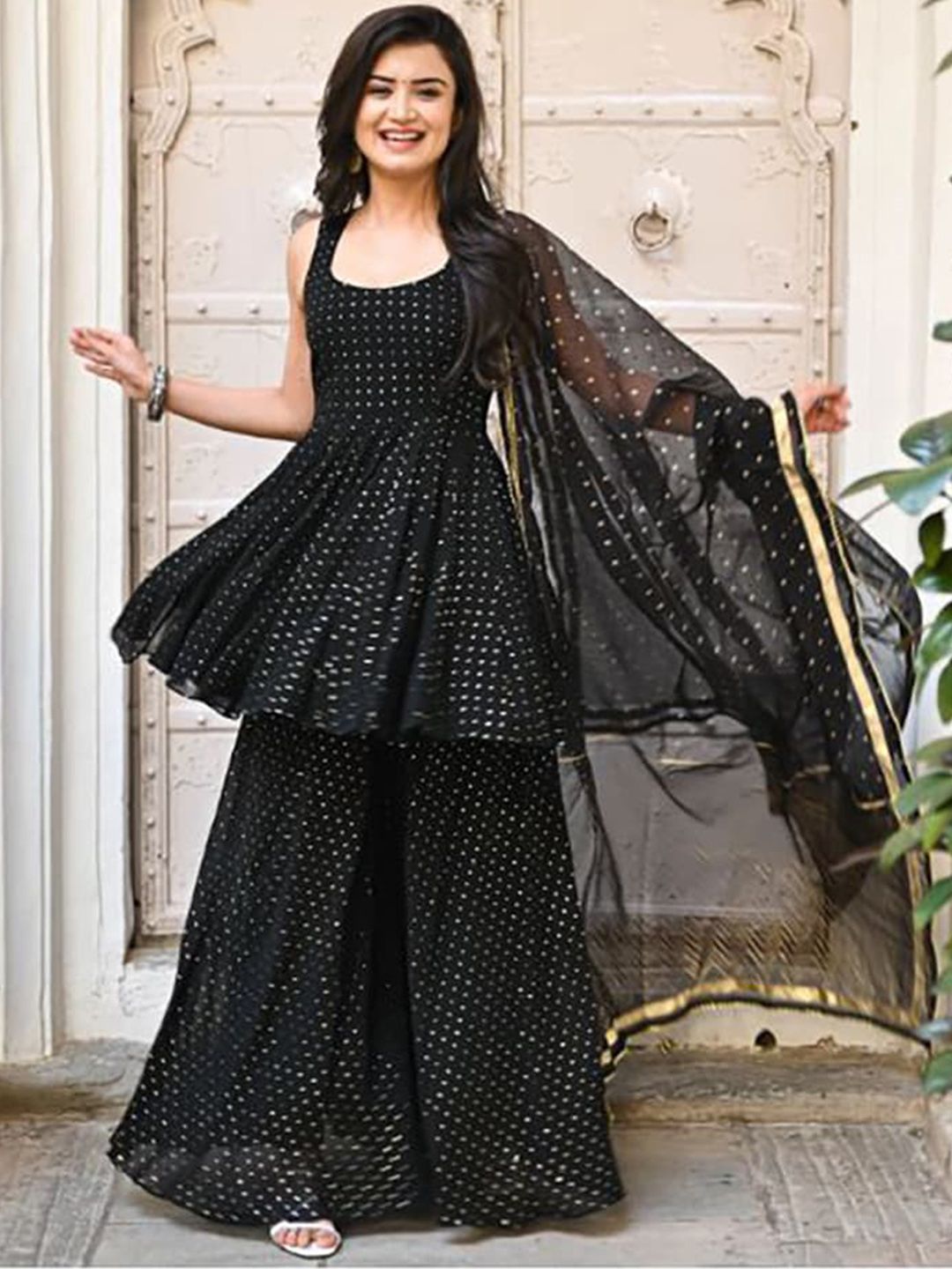 Kalini Geometric Printed Round Neck A-line Kurti with Sharara Dupatta - Distacart