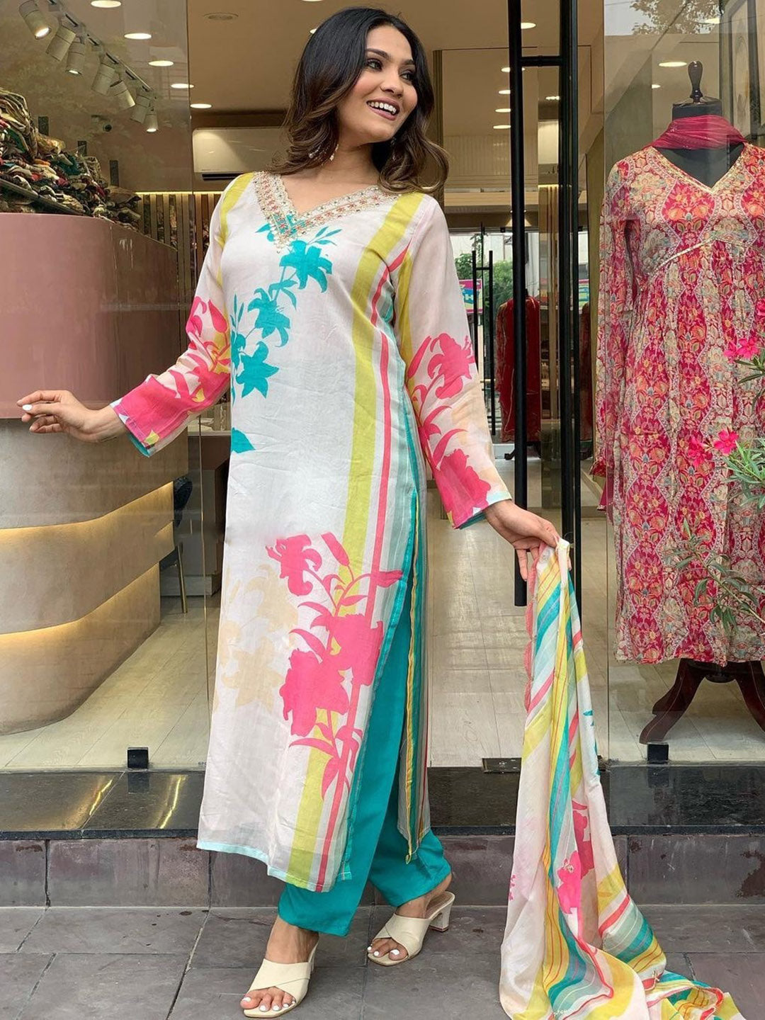 Kalini Floral Printed Thread Work Kurta & Trousers With Dupatta - Distacart