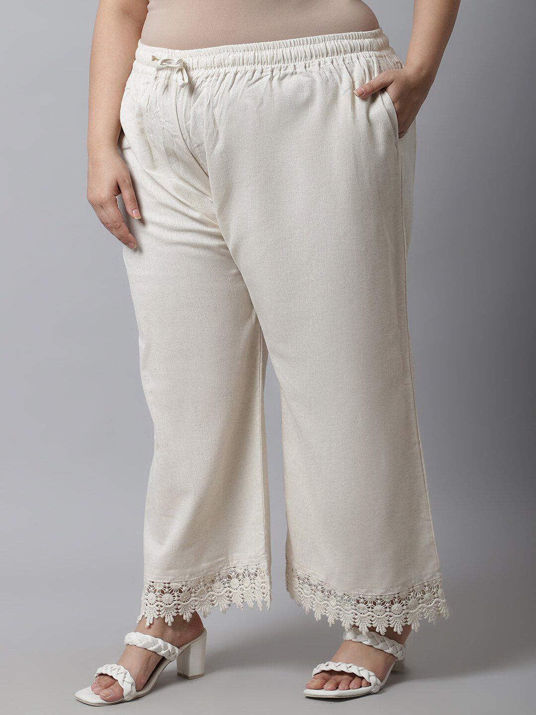 TAG 7 Women Plus Size Cream-Coloured Linen Ethnic Palazzos - Distacart