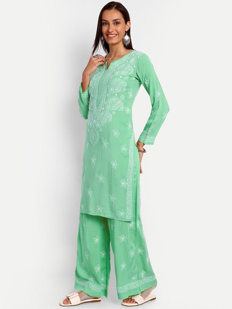 ADA Floral Embroidered Long Sleeves Regular Lucknowi Chikankari Kurta With Palazzos - Distacart