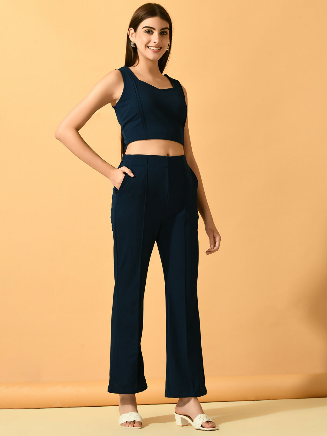 Myshka Women's Navy Blue Solid Top With Trousers - Distacart