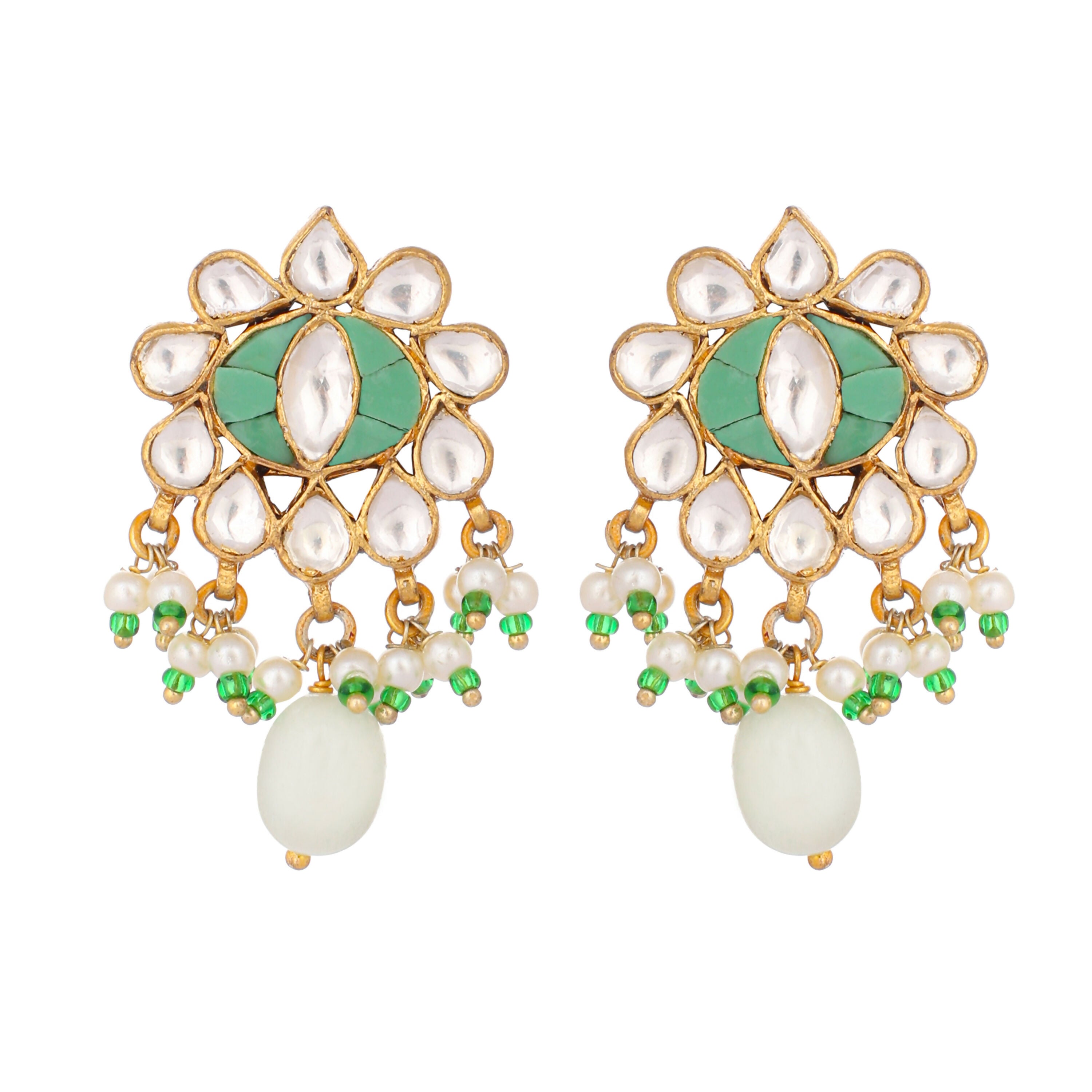 Nuyug 22K Gold Plated Semi Precious Green Stone Studded Pearl Drop Stud Earrings