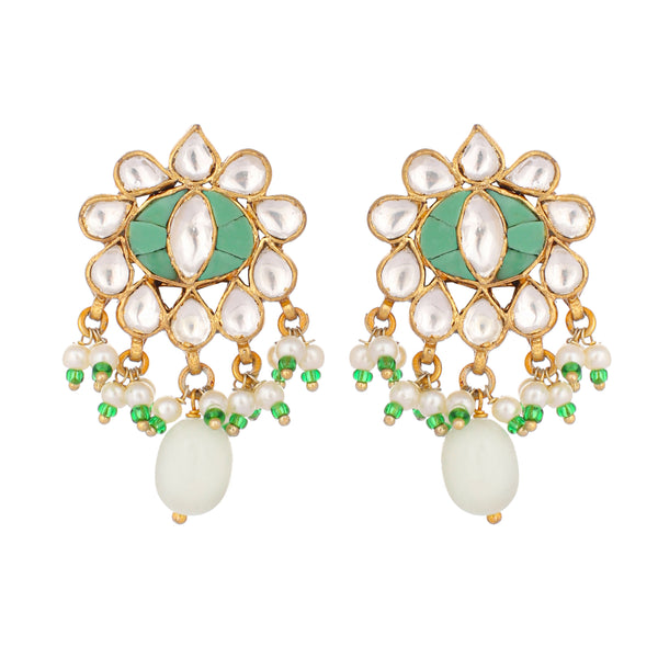 Nuyug 22K Gold Plated Semi Precious Green Stone Studded Pearl Drop Stud Earrings