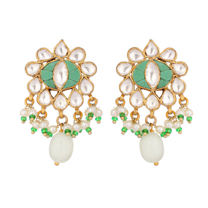 Nuyug 22K Gold Plated Semi Precious Green Stone Studded Pearl Drop Stud Earrings - Distacart