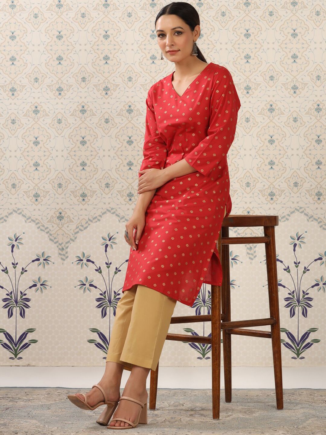 Ode by House of Pataudi Red & Beige Printed V Neck Pure Cotton Kurta With Palazzos - Distacart