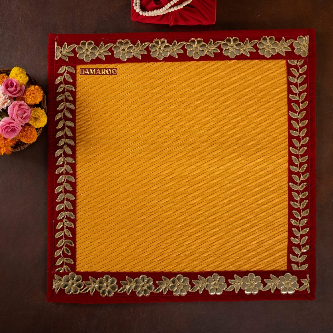 Damaroo Set of 2 | 2x2 ft | Classic Nylon Pooja Aasan | Red Gotapatti Border - Mango Yellow - Distacart