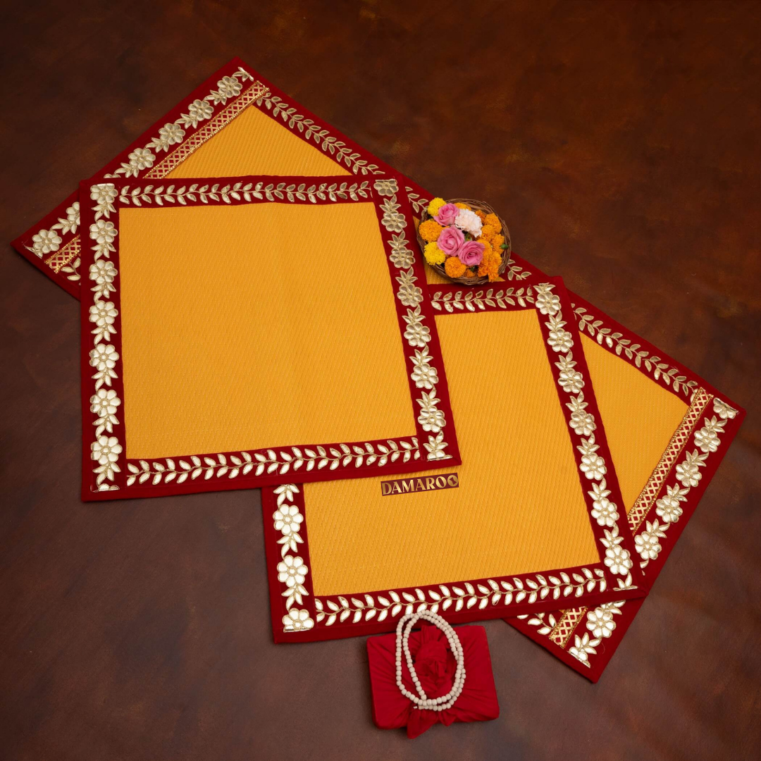 Damaroo Combo Pack of 3 | Classic Nylon Pooja Aasan & Mat | Red Gotapatti Border - Mango Yellow - Distacart