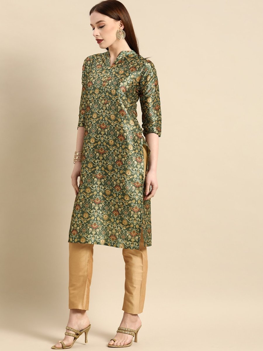 All About You Women Green & Mustard Yellow Ethnic Motifs Print Chanderi Silk Blend Kurta - Distacart