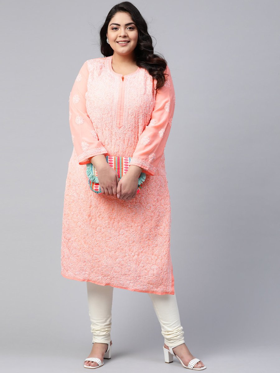 ADA Ada Women Plus Size Peach-Coloured & White Ethnic Motifs Chikankari Georgette Handloom Kurta - Distacart