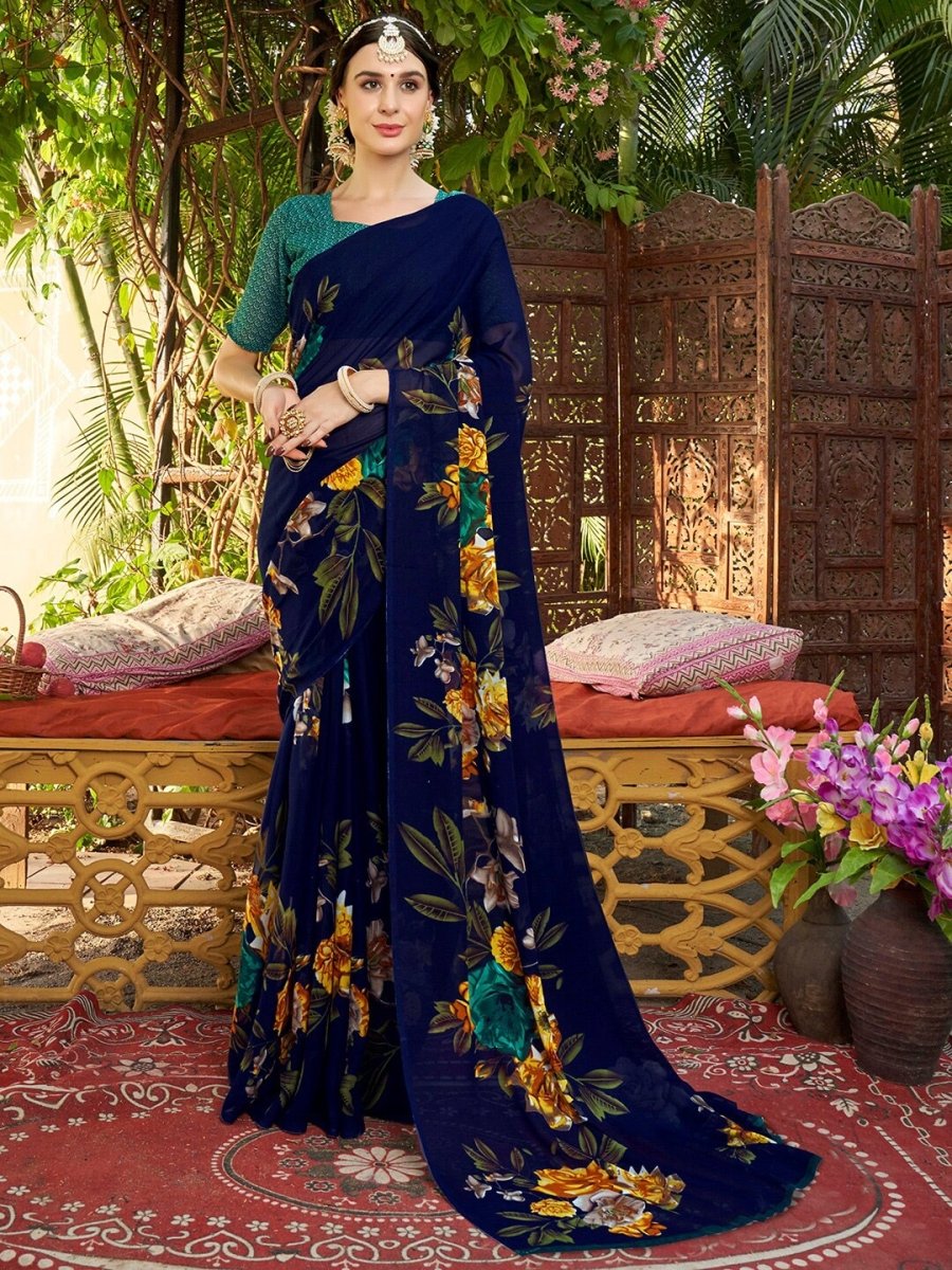 Anouk Navy Blue & Brown Floral Printed Saree - Distacart