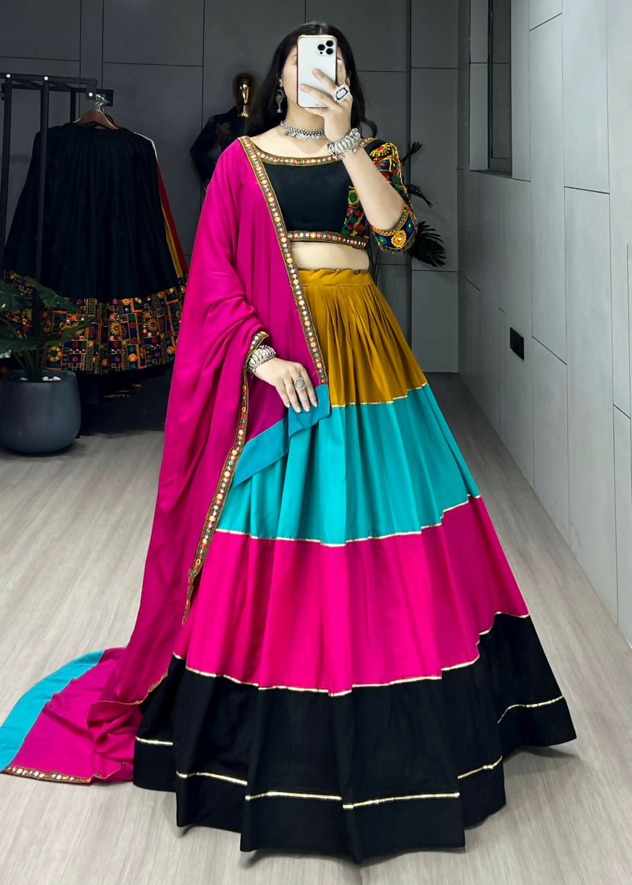 Yash Enterprise Multi Color Rayon Cotton Embroidery Semi Stitched Navratri Top Chaniya Choli - Dista