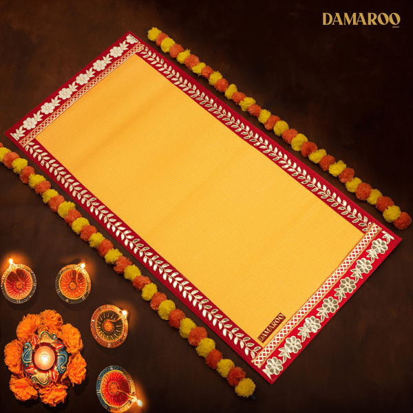 Damaroo 2x4 ft | Classic Nylon Pooja Couple Mat | Red Gotapatti Border - Mango Yellow - Distacart