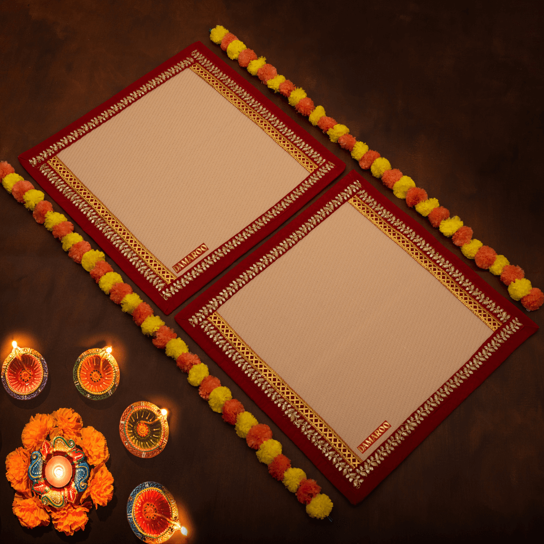 Damaroo Set of 2 | 2x2 ft | Exquisite Nylon Pooja Aasan | Red Sequins Border - Peach - Distacart