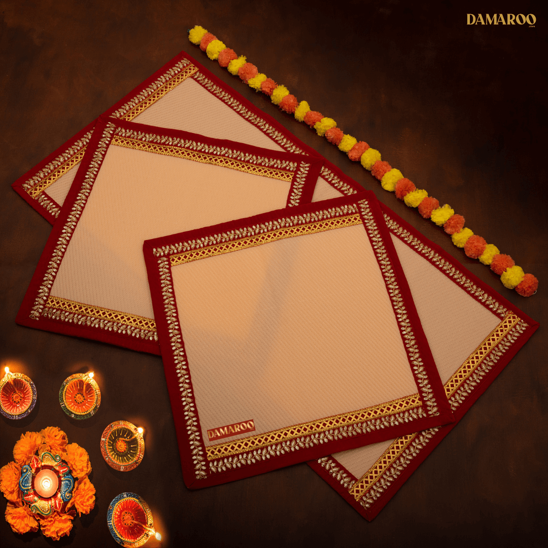 Damaroo Combo Pack of 3 | Exquisite Nylon Aasans & Mat | Red Sequins Border - Peach - Distacart