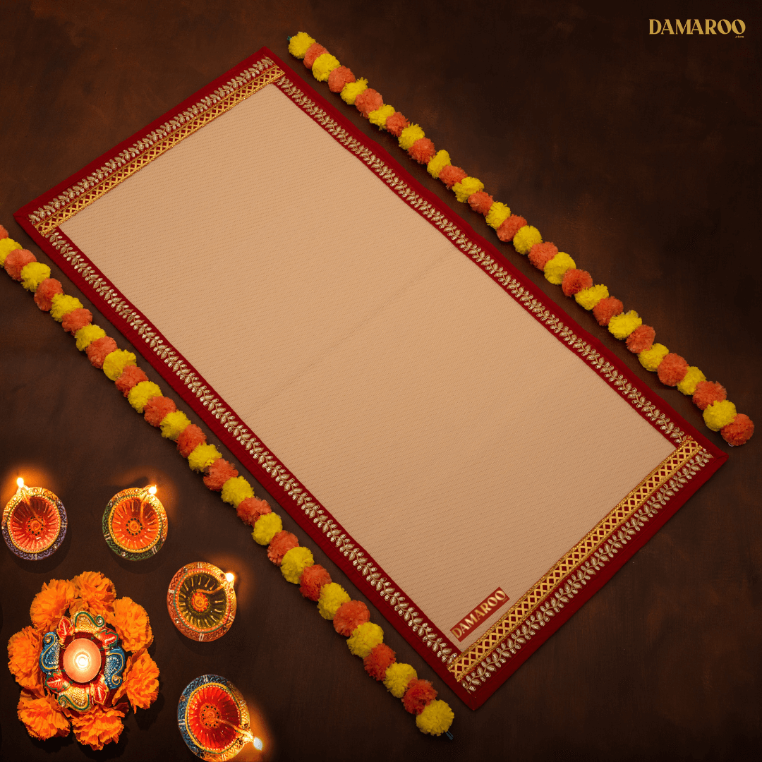 Damaroo 2x4 ft | Exquisite Nylon Pooja Mat | Red Sequins Border - Peach - Distacart