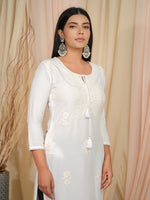 Thumbnail for Ode by House of Pataudi Floral Embroidered Tie-Up Neck Thread Work Straight Kurta - Distacart