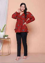 Thumbnail for Miravan Womens Brown Animal Printed Balloon Sleeves V Neck Butterfly Top - Distacart