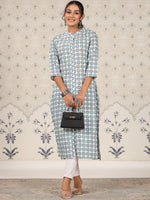 Thumbnail for Ode by House of Pataudi Floral Printed Mandarin Collar Cotton A-Line Kurta With Front Slit - Distacart