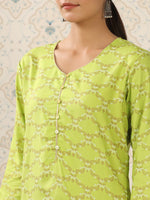 Thumbnail for Ode by House of Pataudi Lime Green & Beige Printed V Neck Kurta With Palazzos - Distacart