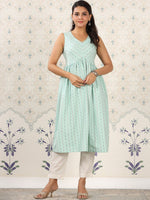 Thumbnail for Ode by House of Pataudi Green Geometric Printed A-Line Kurta - Distacart