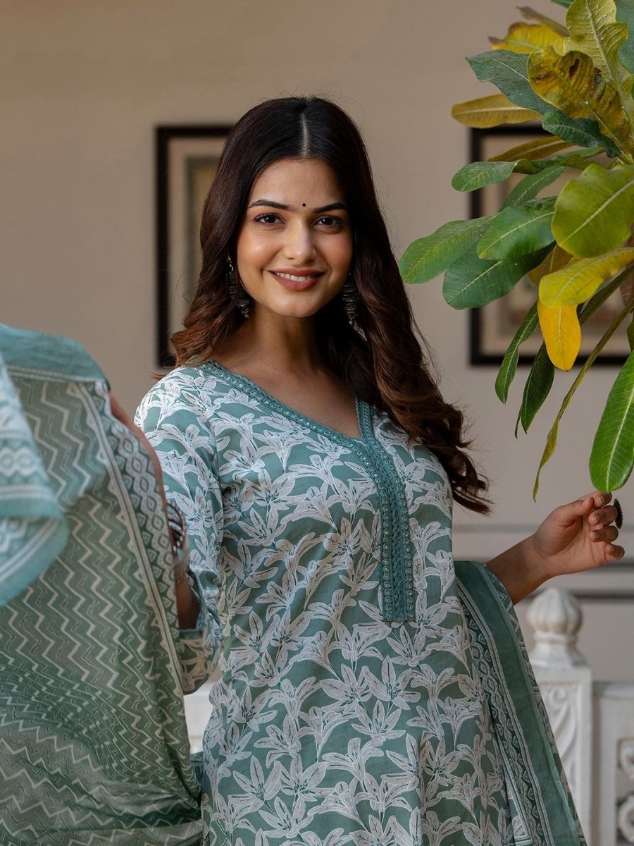 Anouk Floral Yoke Design Aari Work V-Neck Pure Cotton Kurta With Trousers & Dupatta - Distacart