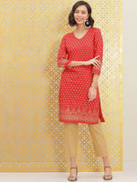 Thumbnail for Ode by House of Pataudi Women Red & Gold-Toned Ethnic Motifs Printed Block Print Brocade Kurta - Distacart