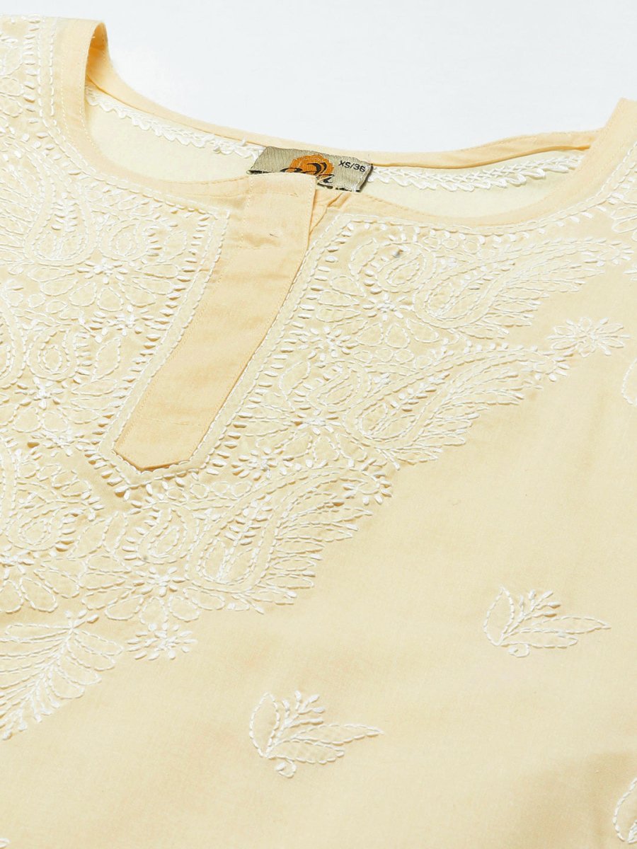 ADA Women Cream-Coloured & White Ethnic Motifs Embroidered Chikankari Cotton Kurta - Distacart