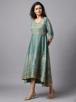 Thumbnail for AURELIA Green & Gold-Toned Ethnic Motifs Printed A-Line Midi Dress