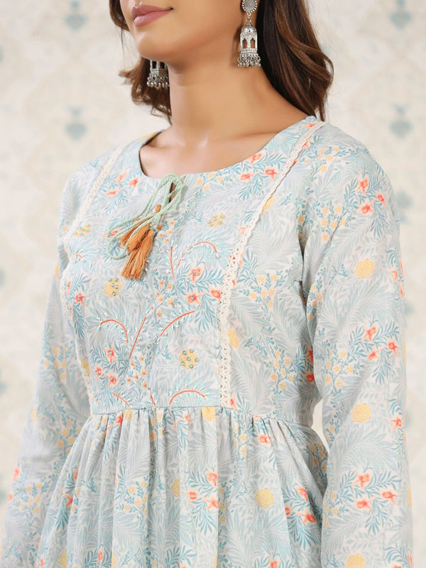 Ode by House of Pataudi Floral Printed Anarkali Kurta with Trousers & With Dupatta - Distacart
