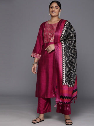 Sztori Plus Size Yoke Design Regular Patchwork Kurta With Trousers & Dupatta