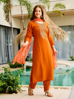 Thumbnail for The52 Rust Women's Gorgeous Embroidered work Rayon Fabric Straight Kurta, Pant and Dupatta Set