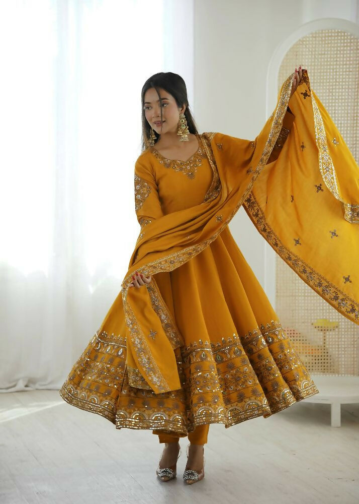 Teeya Creation Yellow Roman Silk Embroidery Work Party Wear long Gown - Distacart