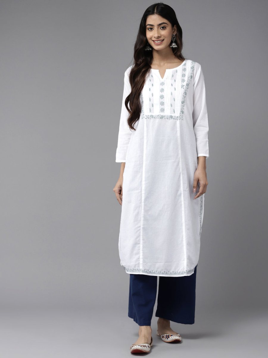 ADA Ethnic Motifs Embroidered Chikankari Cotton Kurta - Distacart