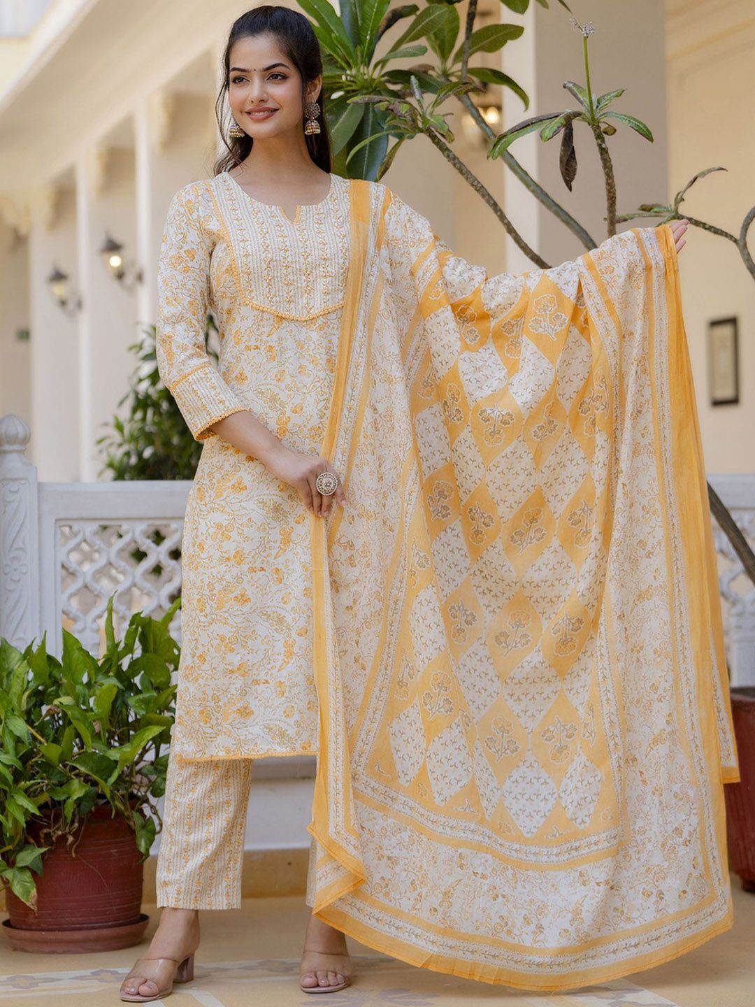 Anouk Women Floral Printed Regular Aari Work Pure Cotton Kurta with Palazzos & With Dupatta