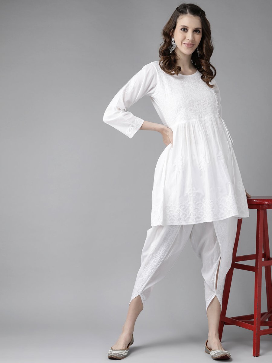ADA Women White Cotton Sustainable Hand Embroidered Chikankari A-line Handloom Kurta & Dhoti Pants - Distacart