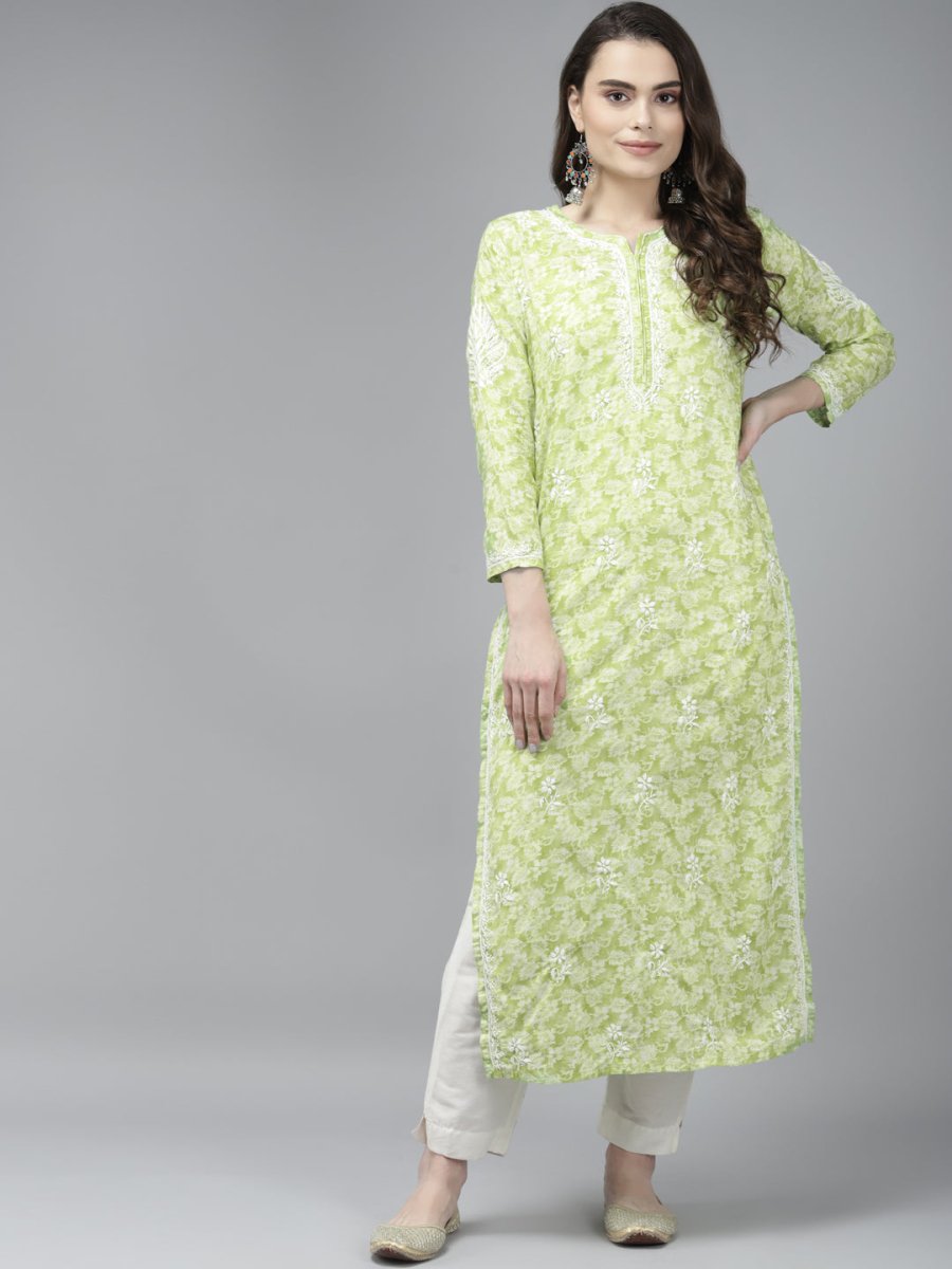ADA Women Green & White Floral Chikankari Cotton Handloom Kurta - Distacart