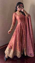Thumbnail for Teeya Creation Peach Fendi Silk Designer Heavy Work Wedding Wear Long Gown - Distacart