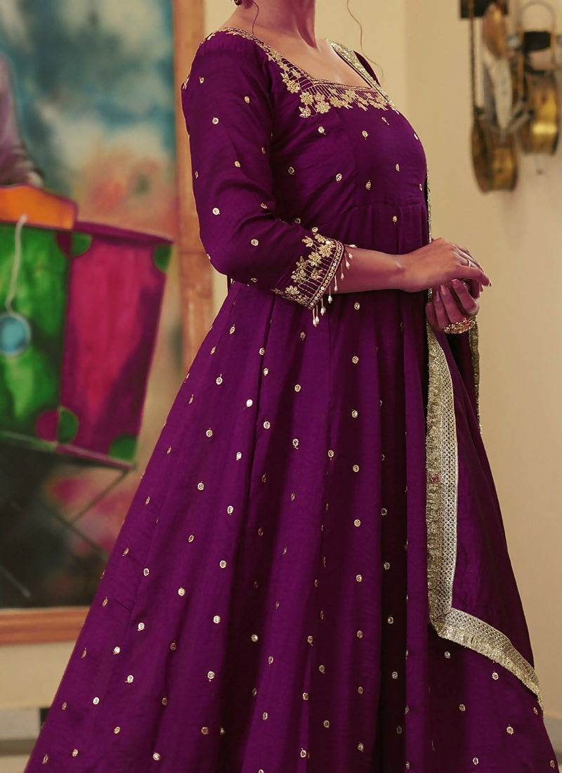 Teeya Creation Wine Color Pure Vichitra Silk Embroidery Work Party Wear Gown