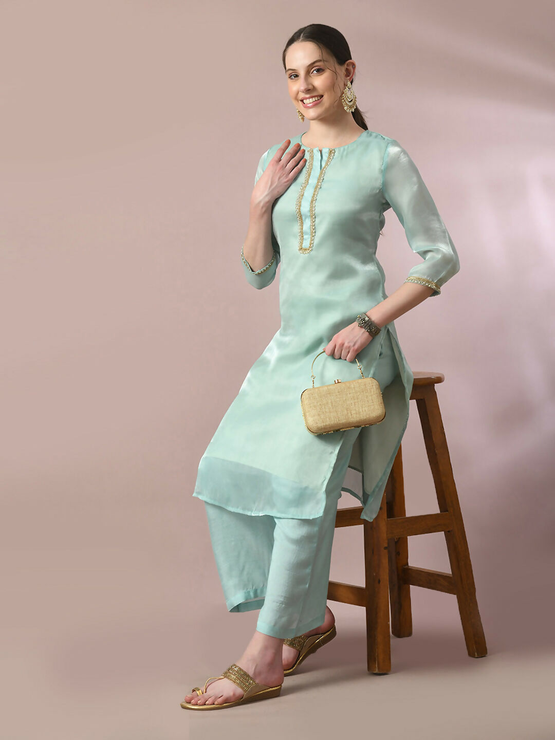 Myshka Women's Sea Green Solid Straight Party Kurta Set - Distacart