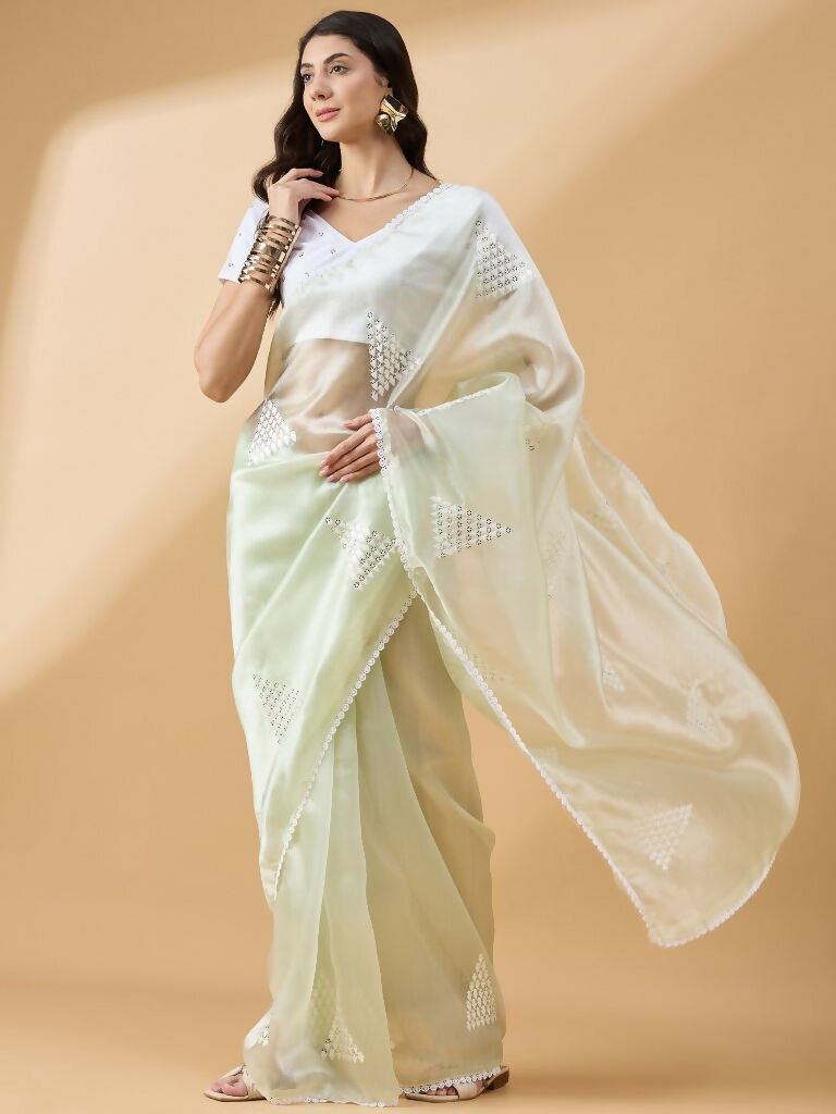 Green Tissue Slub Embroidered Saree with Unstitched Blouse - Vairagi - Distacart