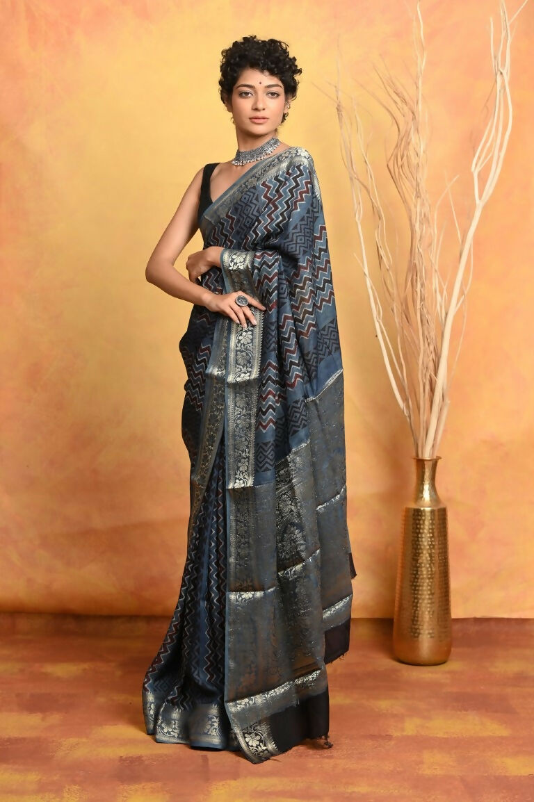 Very Much Indian Modal Silk Ajrakh Handblock Printed Natural Dyes With Designer Border Saree - Grey - Distacart