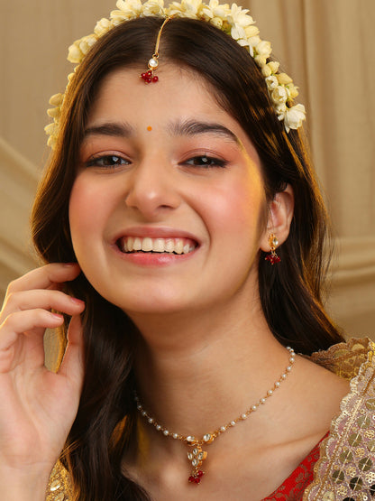 Ruby Raang Maang Tikka With Necklace And Earrings Set - Distacart