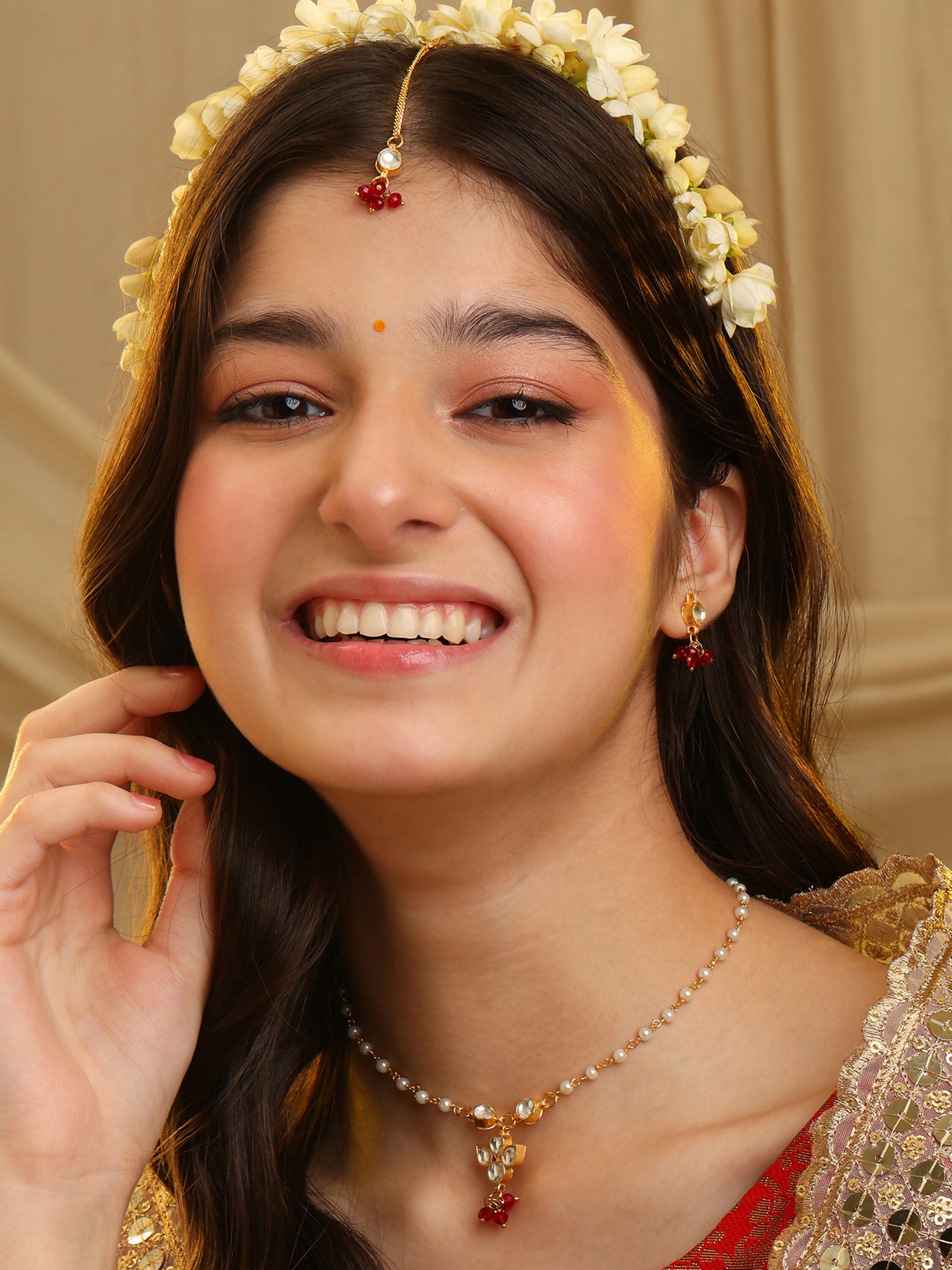 Ruby Raang Maang Tikka With Necklace And Earrings Set