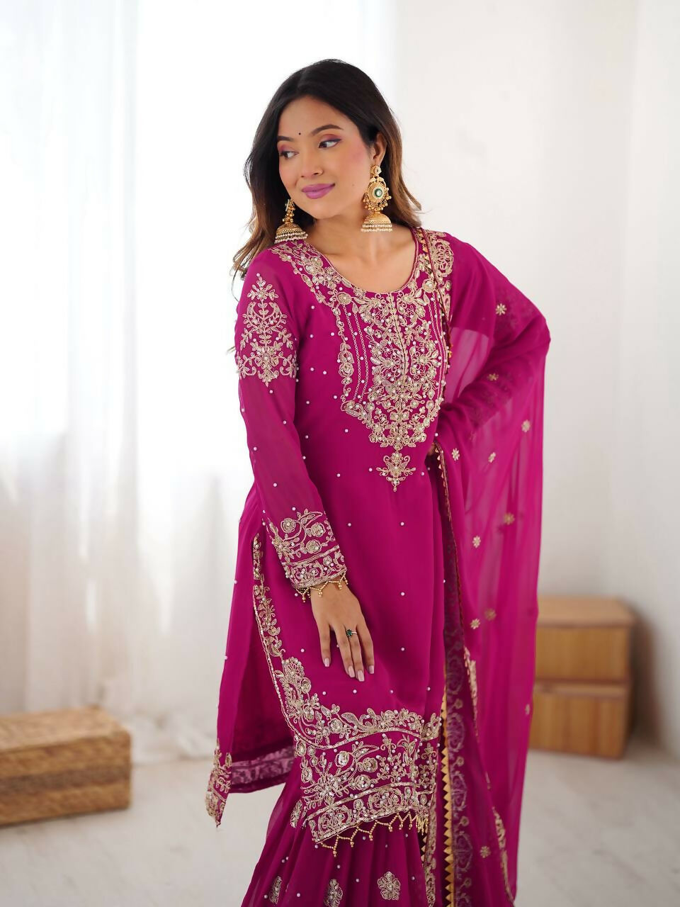 The52 Women's Beautiful Faux Georgette Fabric Embroidery Work Straight Kurt Sharara and Dupatta Set - Distacart