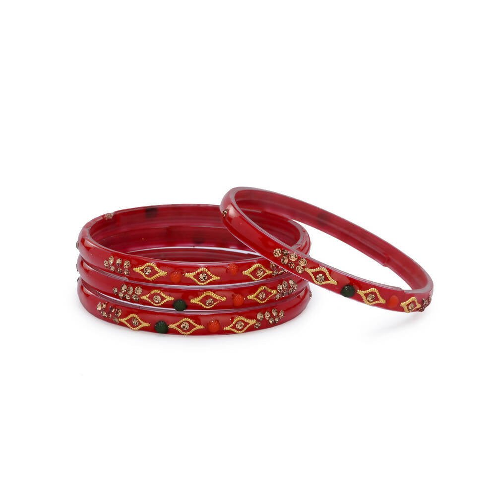 Afast Designer Fancy Party Bangle/ Kada Set, Red, Glass, Pack Of 4 - Distacart